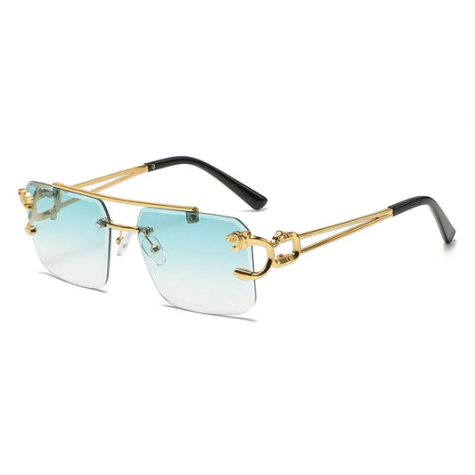 Square Panther Embellished Rimless Sunglasses | Green