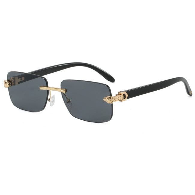 Unisex Rimless Rectangle Sunglasses – Wood Grain Detail | Black