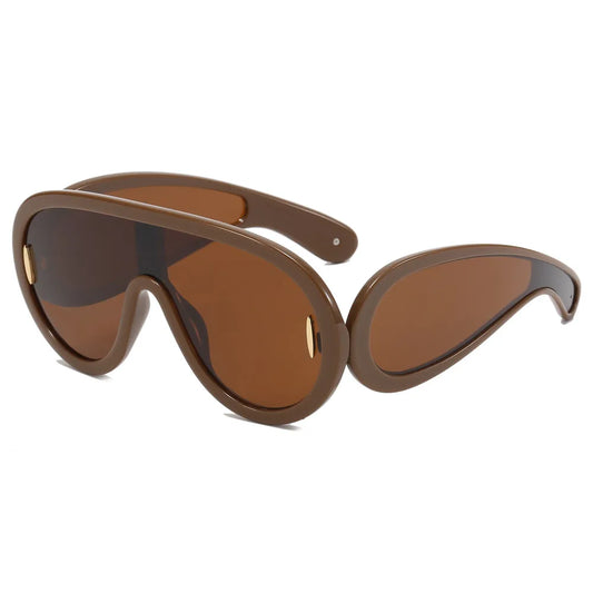 Flat Top Oversize Round Bottom Shield Shades Sunglasses | Brown