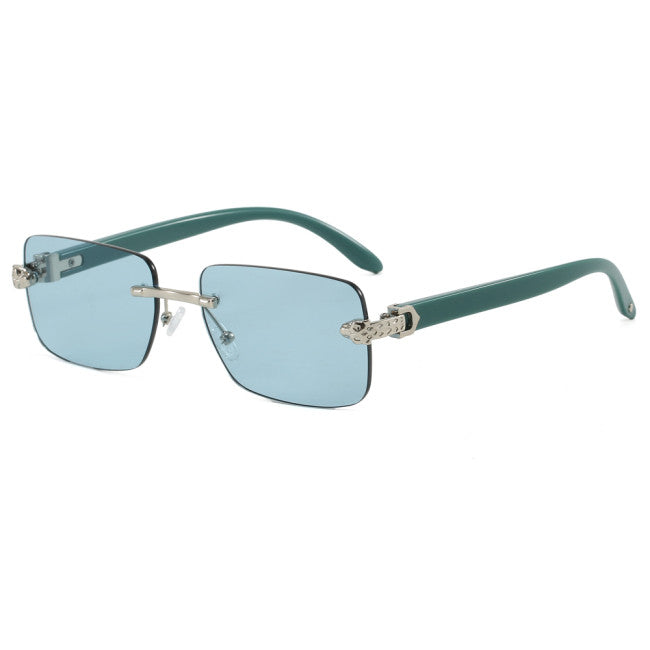 Unisex Rimless Rectangle Sunglasses – Wood Grain Detail | Green