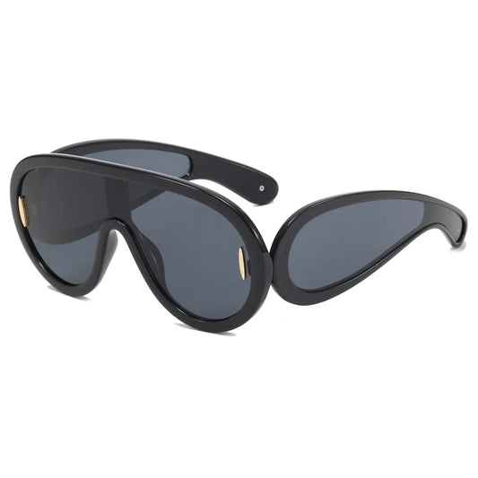 Flat Top Oversize Round Bottom Shield Shades Sunglasses | Black
