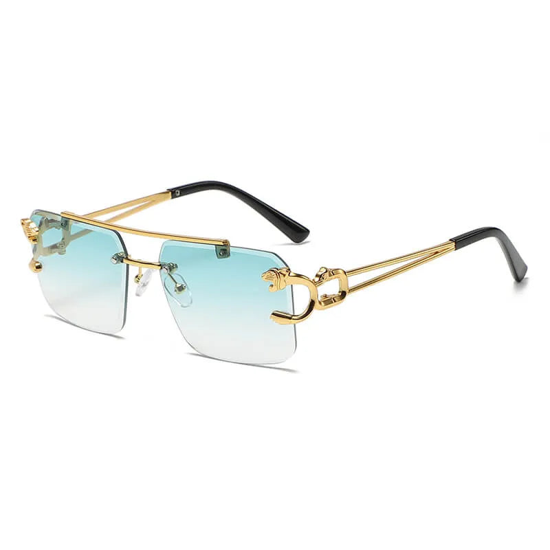 Square Panther Embellished Rimless Sunglasses | Green