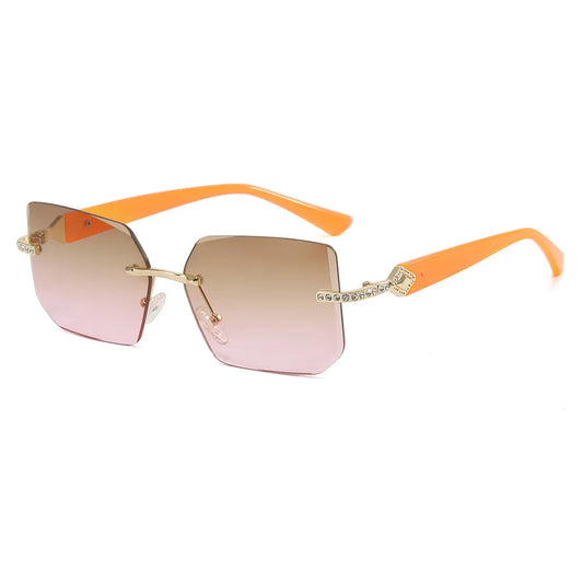 Retro Small Diamond Studded Rimless Rectangular Sunglasses | Orange