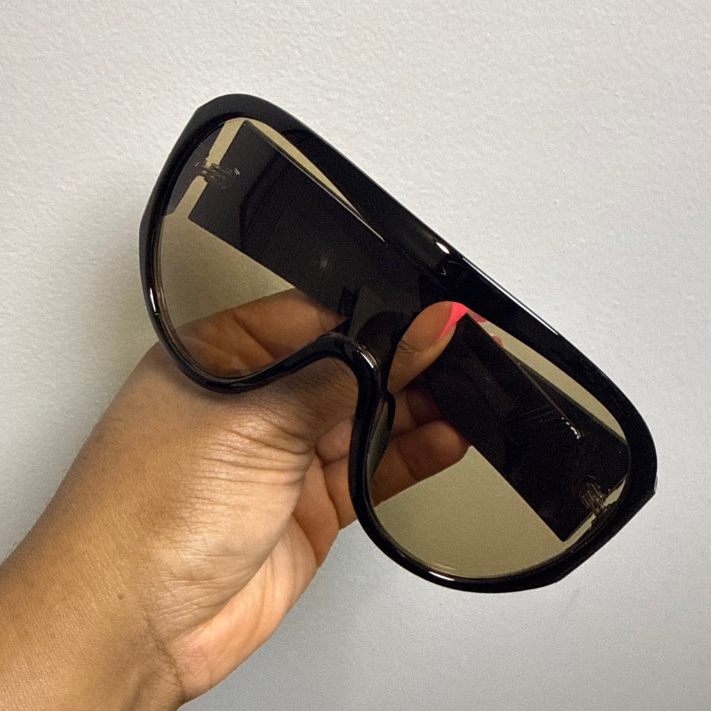 Retro Oversized Oval Flat Top Shield Sunglasses | Shiny Black-Tea