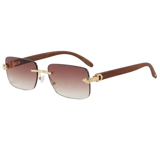 Unisex Rimless Rectangle Sunglasses – Wood Grain Detail | Brown