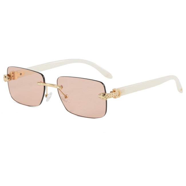 Unisex Rimless Rectangle Sunglasses – Wood Grain Detail | Peach/Cream