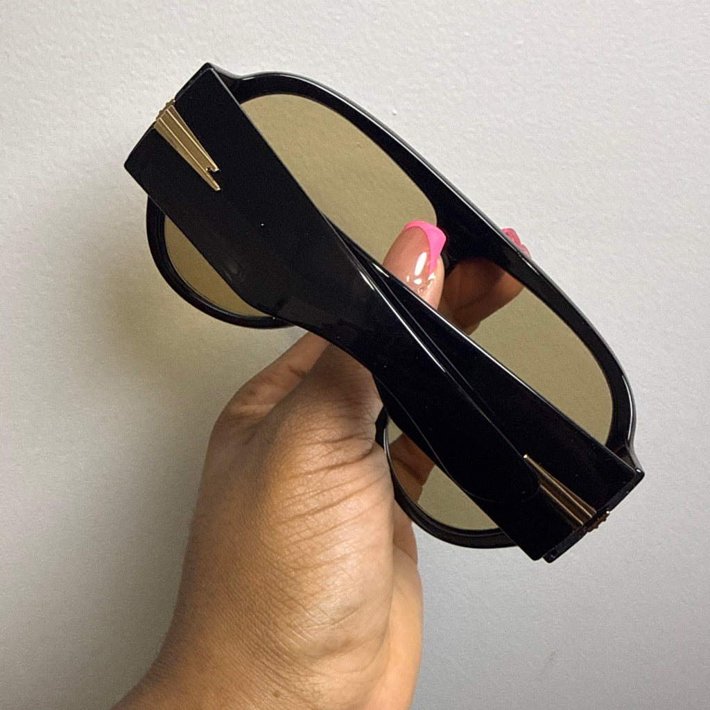Retro Oversized Oval Flat Top Shield Sunglasses | Shiny Black-Tea