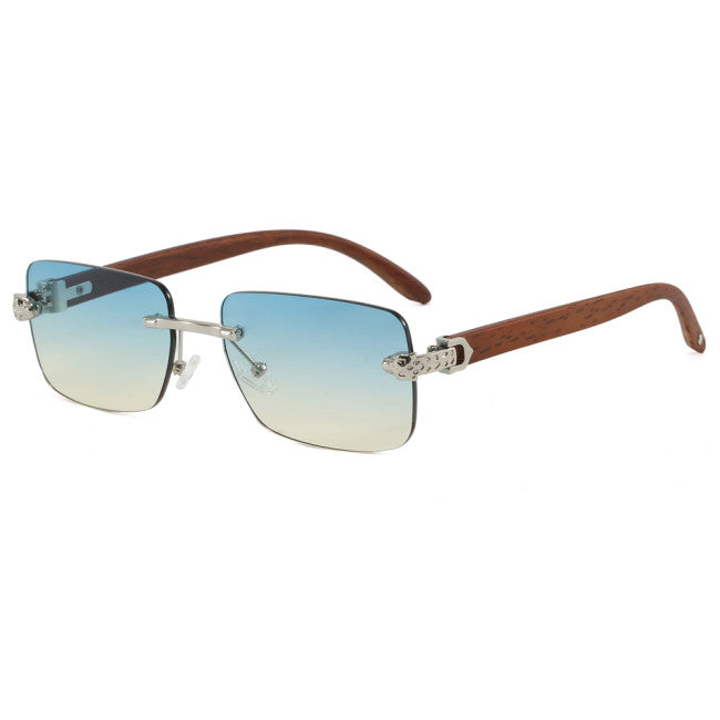 Unisex Rimless Rectangle Sunglasses – Wood Grain Detail | Ombré