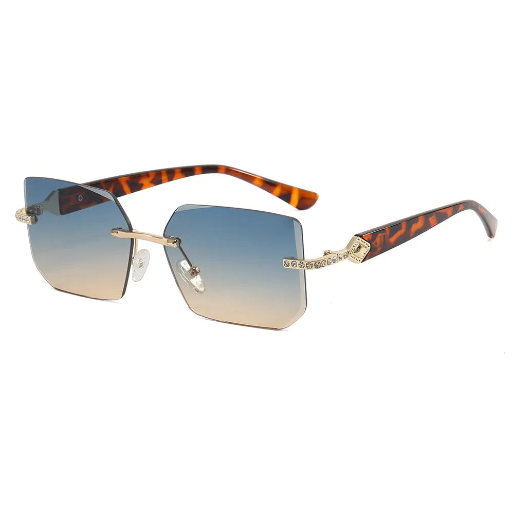 Retro Small Diamond Studded Rimless Rectangular Sunglasses | Print