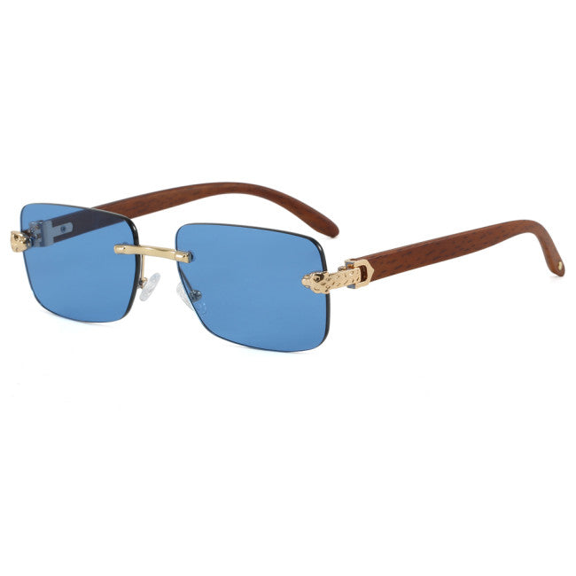 Unisex Rimless Rectangle Sunglasses – Wood Grain Detail | Blue