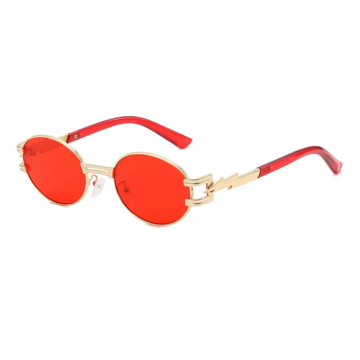 Retro Luxury Metal Steampunk Style Small Oval Sunglasses | Red