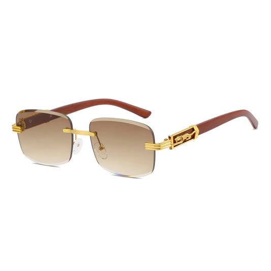 Rimless Rectangle Faux Wood Temple Sunglasses | Brown