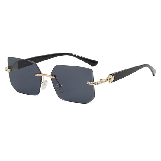 Retro Small Diamond Studded Rimless Rectangular Sunglasses | Black