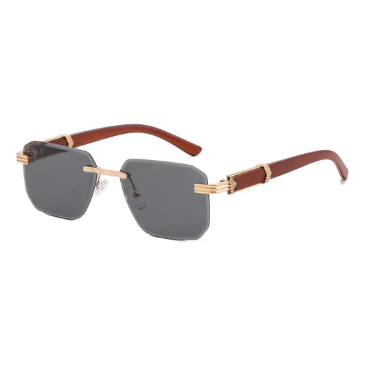 Faux Wood Small Rectangle Rimless Sunglasses | Black