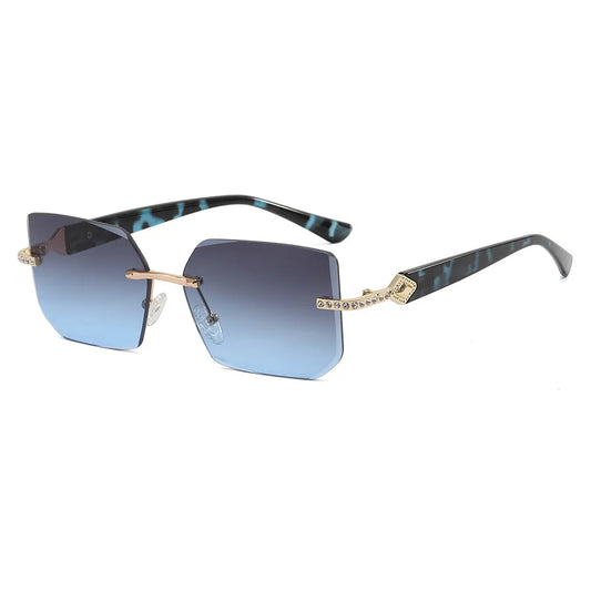 Retro Small Diamond Studded Rimless Rectangular Sunglasses | Blue Print