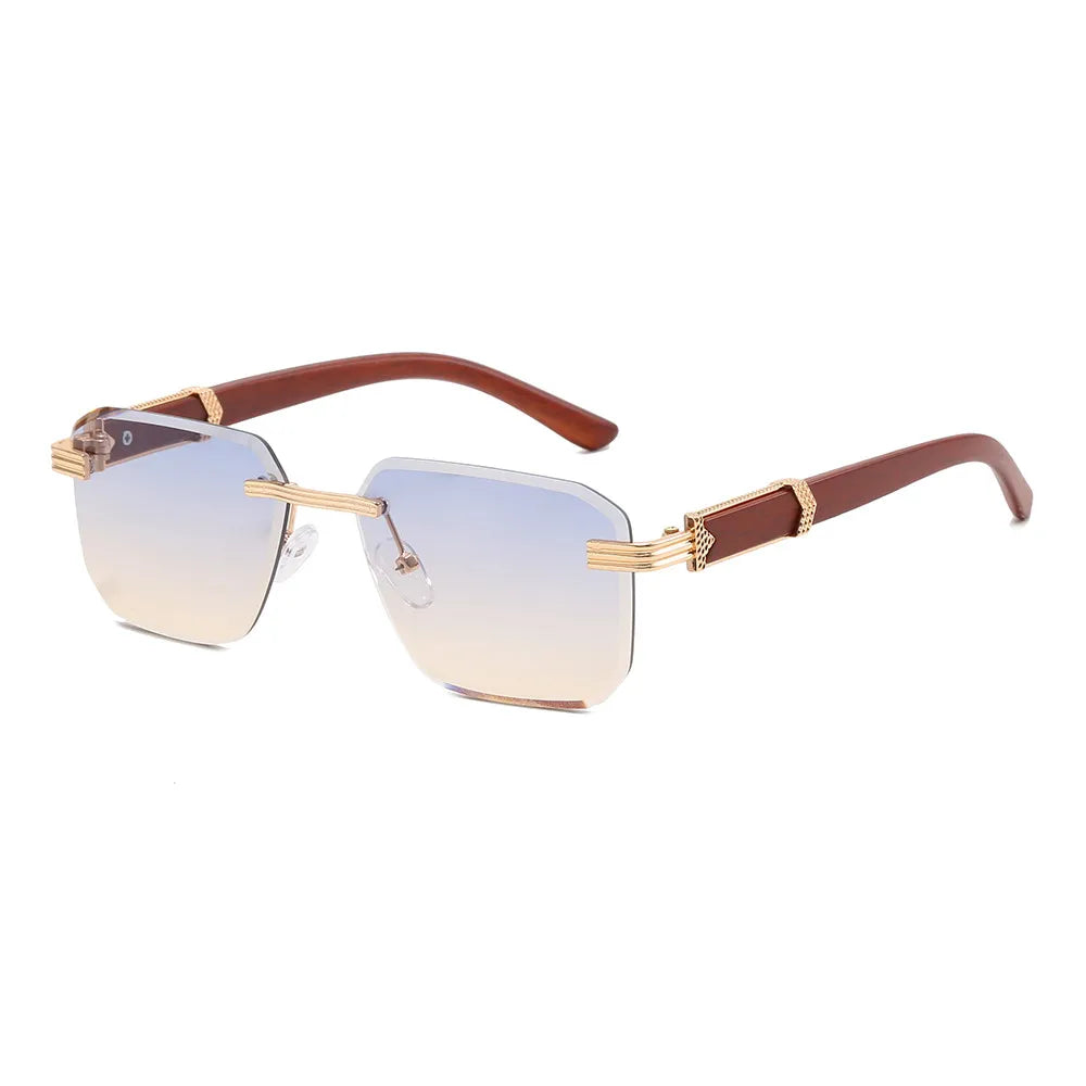 Faux Wood Small Rectangle Rimless Sunglasses | Ombre