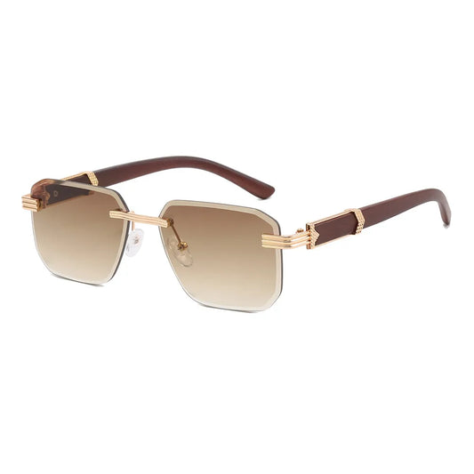 Faux Wood Small Rectangle Rimless Sunglasses | Brown