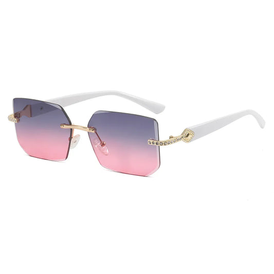 Retro Small Diamond Studded Rimless Rectangular Sunglasses | White Ombre